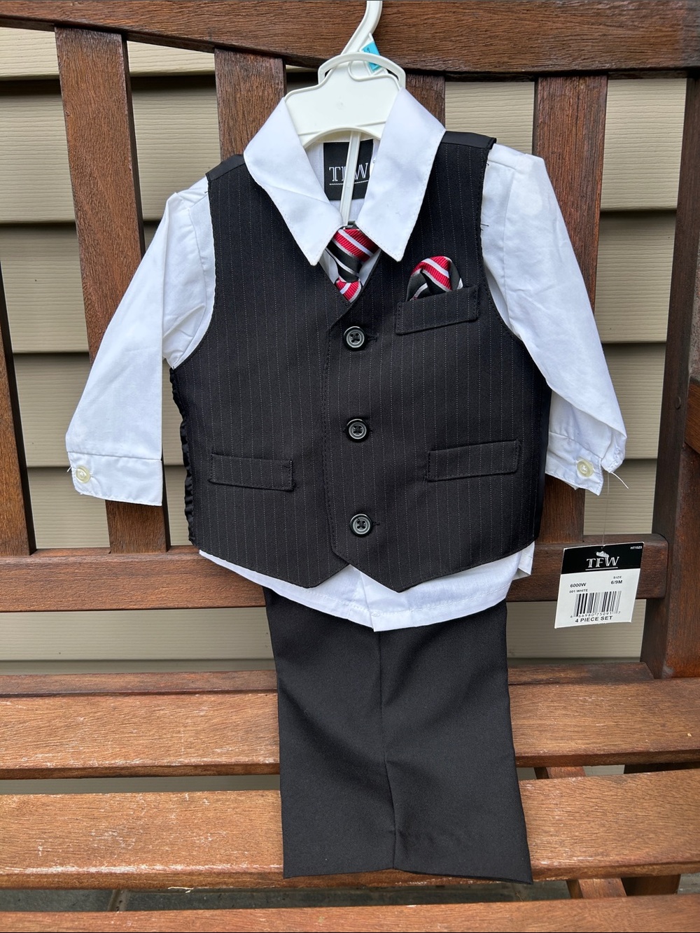 TFW Black Pinstripe Boys' Formal Vest Set with Red Accent Tie